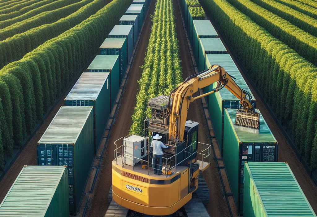 Harverster colheitadeira coletando containers em plantação