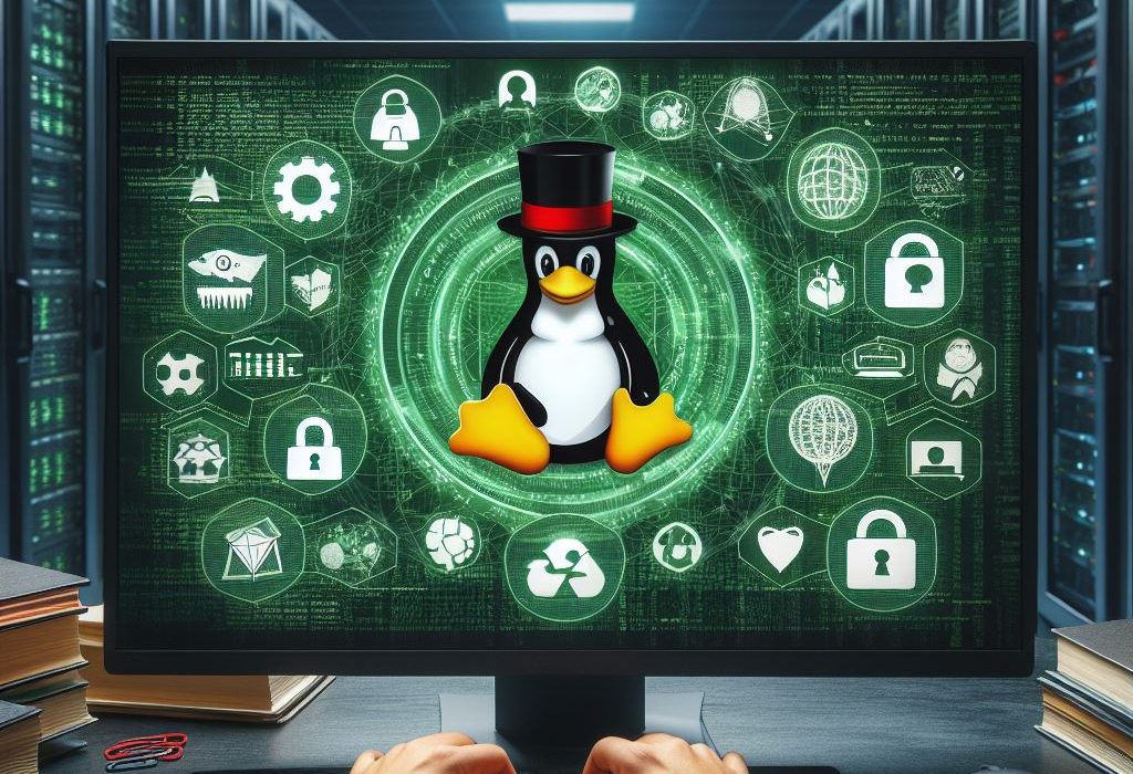 Painel de controle em frente ao datacenter com um pinguim de chapel , simbolos de segurança.