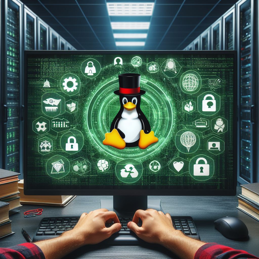 Painel de controle em frente ao datacenter com um pinguim de chapel , simbolos de segurança.